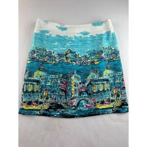 Talbots Petites Skirt Venice‎ Print Teal Blue A Line Colorful Italy 6P